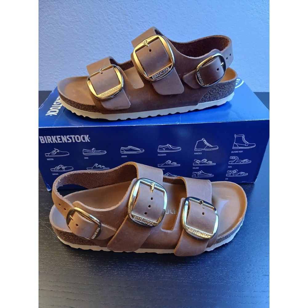 Birkenstock Milano Big Buckle Sandals Cognac Oiled Leather EU 36 US 5 Gold